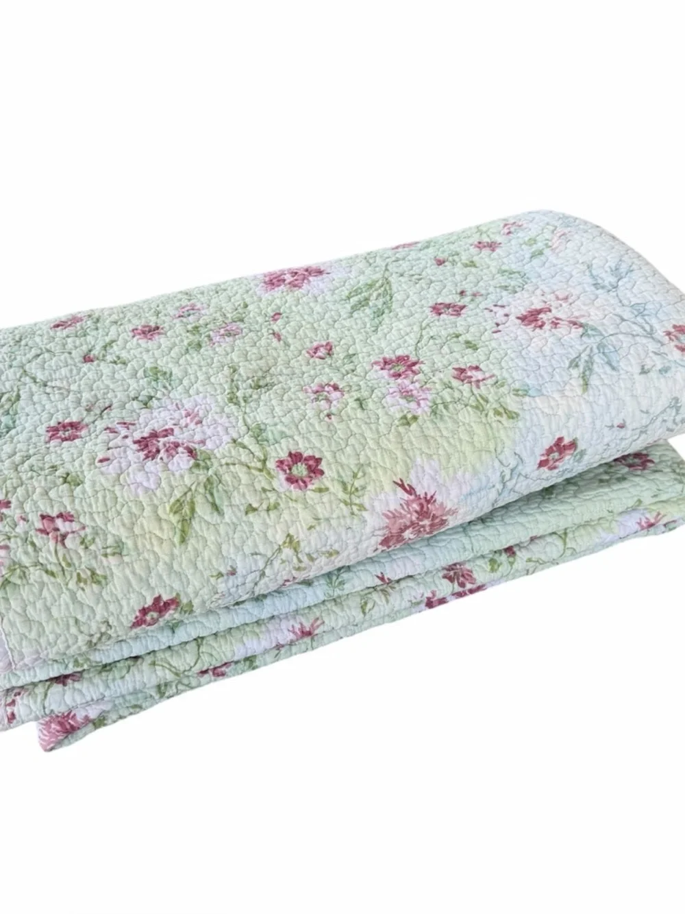 VTG Laura Ashley Reversible Floral Quilt Green Pink Roses Stripes 84x86 FLAWS
